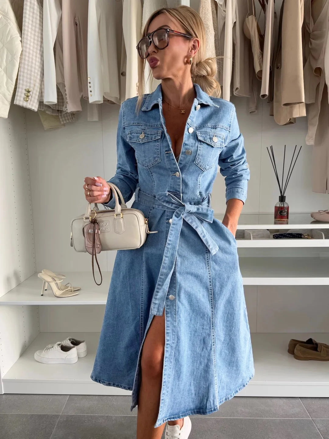 2026 NEW Women's Casual Dresses Elegant Light Blue Denim Dress for Women Long Sleeve Button Up Belted Midi Dress