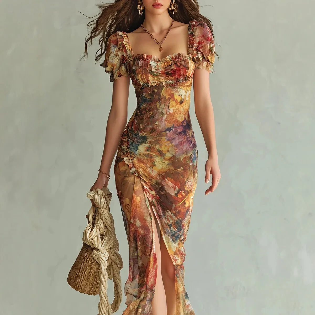 2026 Spring New Women V Neck Print Waist Cinched Ruffle Trim Loose Temperament Versatile Long Dress Fashion Vacation Style Dress