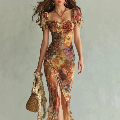 2026 Spring New Women V Neck Print Waist Cinched Ruffle Trim Loose Temperament Versatile Long Dress Fashion Vacation Style Dress