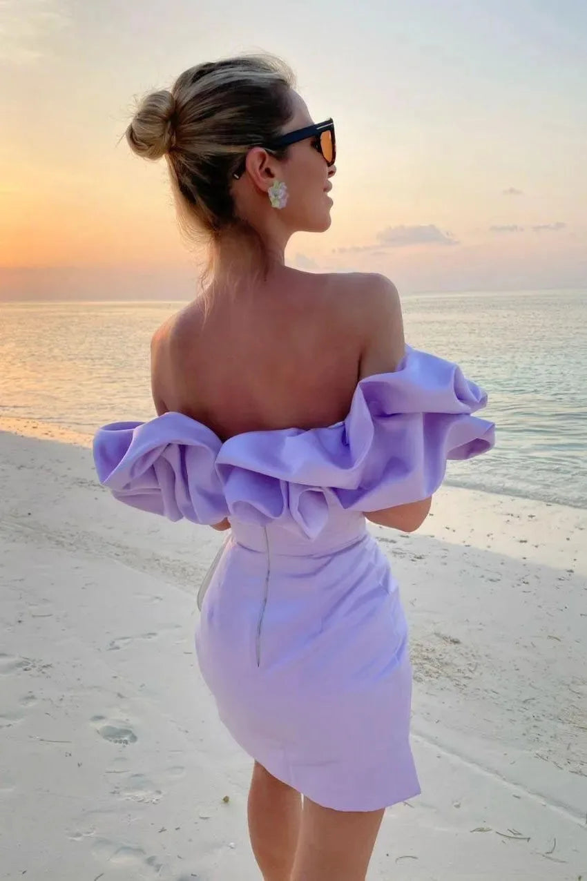 Women's Off Shoulder Ruffles Flower Party Dress, Sexy Bodycon Dresses, Elegant Female Package Hips, Night Party, Event Celebrate