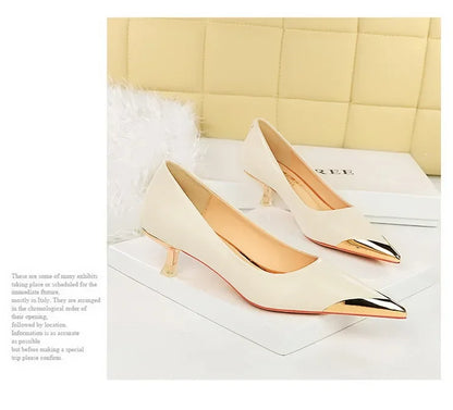 BIGTREE Retro Shallow Metal Pointed Toe High Heels Women Pumps  Stripper Elegant Party Thin Low Heels Black Heels Shoes