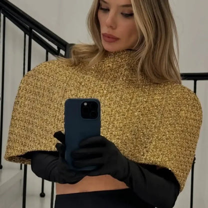 Women Elegant Gold Sparkle Capelet Top Shiny Tweed Shoulder Wrap Turtleneck Short Cloak New Lady Evening Club Party Tops 2026