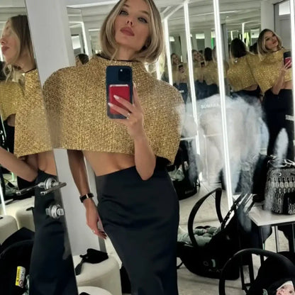 Women Elegant Gold Sparkle Capelet Top Shiny Tweed Shoulder Wrap Turtleneck Short Cloak New Lady Evening Club Party Tops 2026