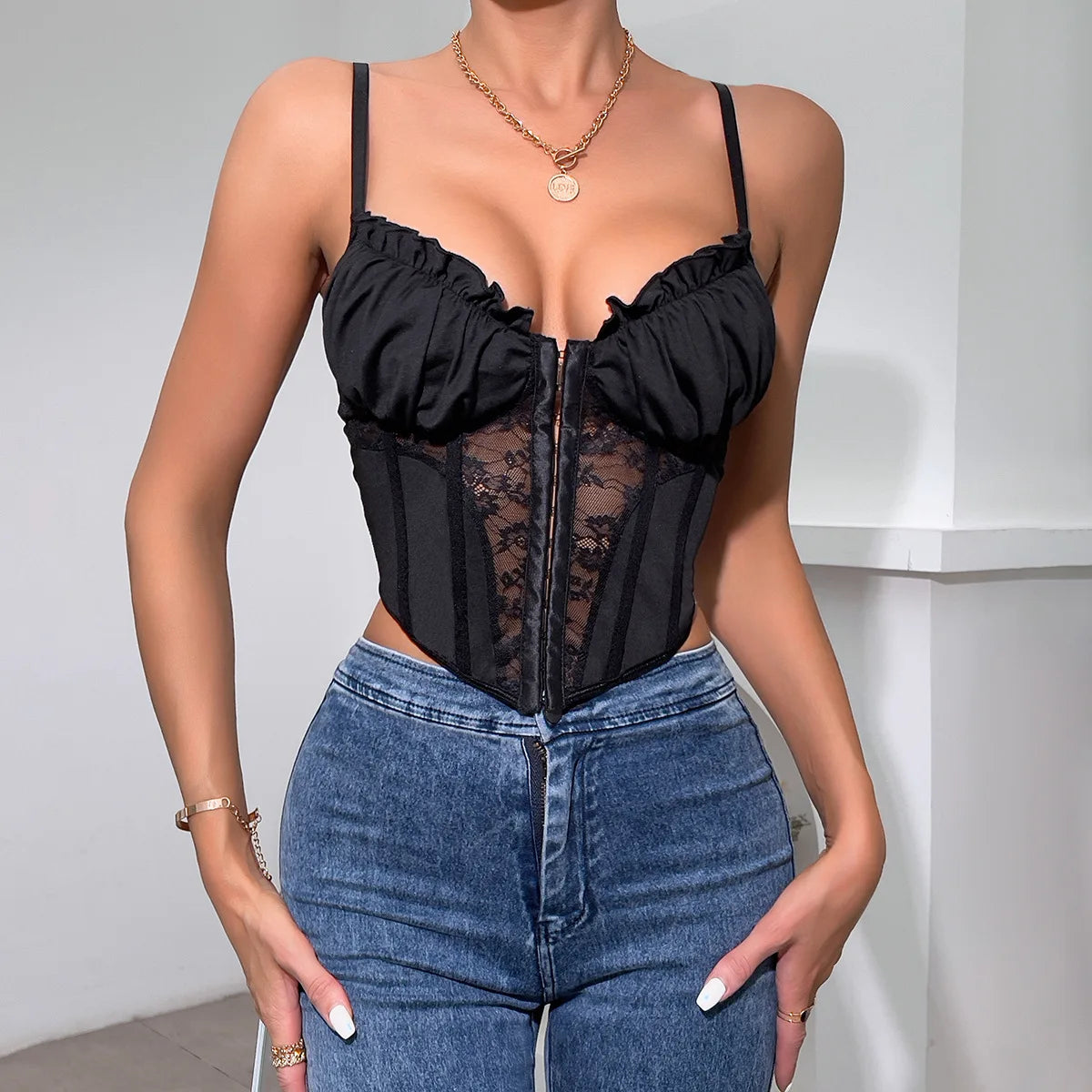 Sexy Lace Mesh Sheer Patchwork Corset Top Spaghetti Strap Pleated Chic Tank Tops for Women See Through Back Fishbone Camisole