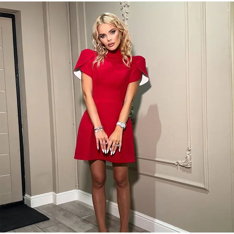 Fashion Back Single Breasted Hollow Out Bow Mini Dress Elegant Solid High Waist A Line Short Dresses 2024 New Lady Party Gowns