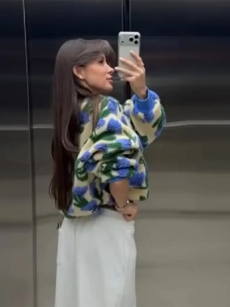 Sweet Dreamy Flower Plush Bomber Jacket For Women Casual Oversized Long Sleeves Zip Up Fleece Coat 2026 High Street Daily Wear