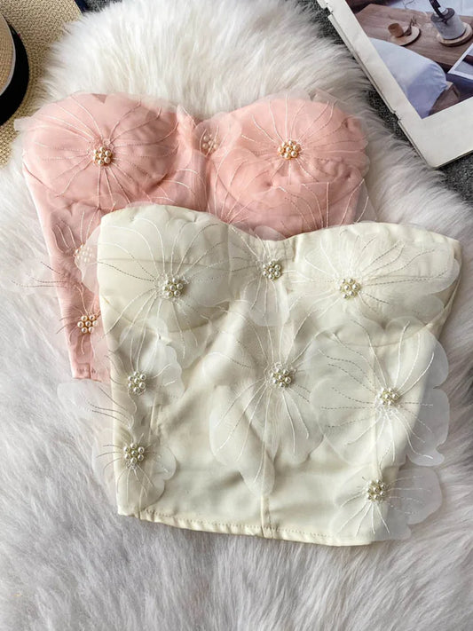 Embellished Short Crop Top Women's Vest with Chest Pad 3D Flower Decoration Slimming Effect Summer Fashion