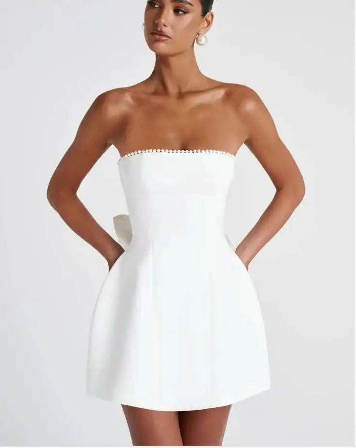 Avrilyaan Bow Pearl Short Backless Sleeveless Sexy Dress Women Elegant Party Dress Strapless Bodycon Mini Summer Dress Vestidos