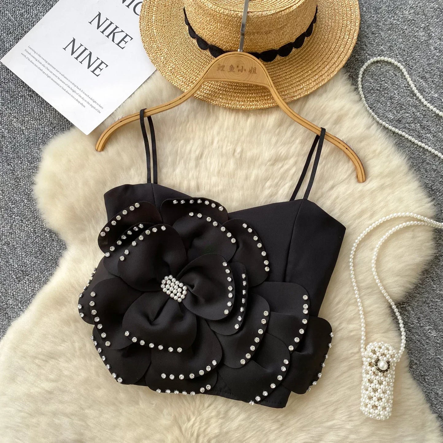 New French Sweet Strap Camisole Strapless 3D Floral Beading Diamonds Design Tops Elastic Ruched Slim Streetwear Tank Top