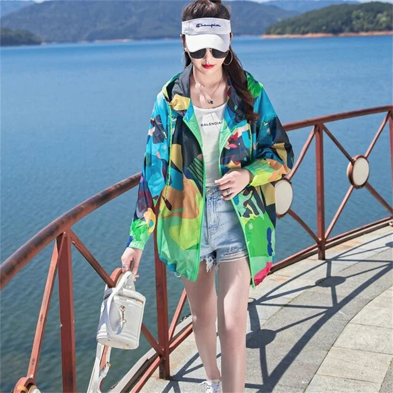 Female 2024 Summer New Camouflage Thin Sun Protection Clothing Women Short Anti-Ultraviolet Korean Sun Protection Clothing A1137