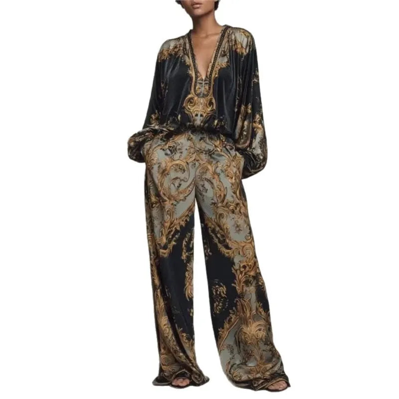 Vintage Printed Two-piece Set Women's Fashion V-neck Loose Long Sleeved Top Wide Leg Pants Suit Ladies Foreign Style Streetwear
