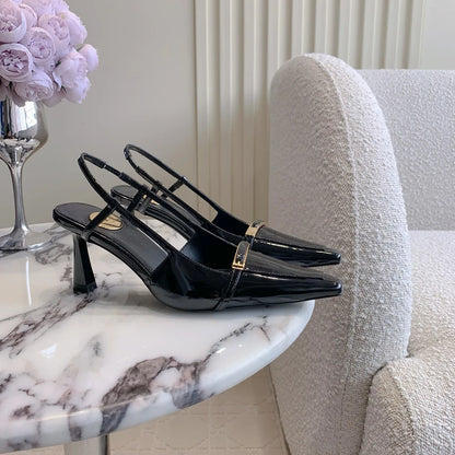 Luxury Pointed Sandals Burgundy Designer Patent Crisscross Straps Metal Decor Slim Heel Open-Back Fairy Sandals