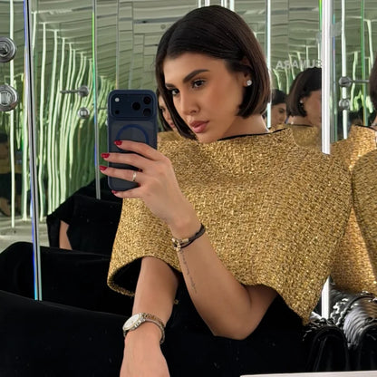 Women Elegant Gold Sparkle Capelet Top Shiny Tweed Shoulder Wrap Turtleneck Short Cloak New Lady Evening Club Party Tops 2026