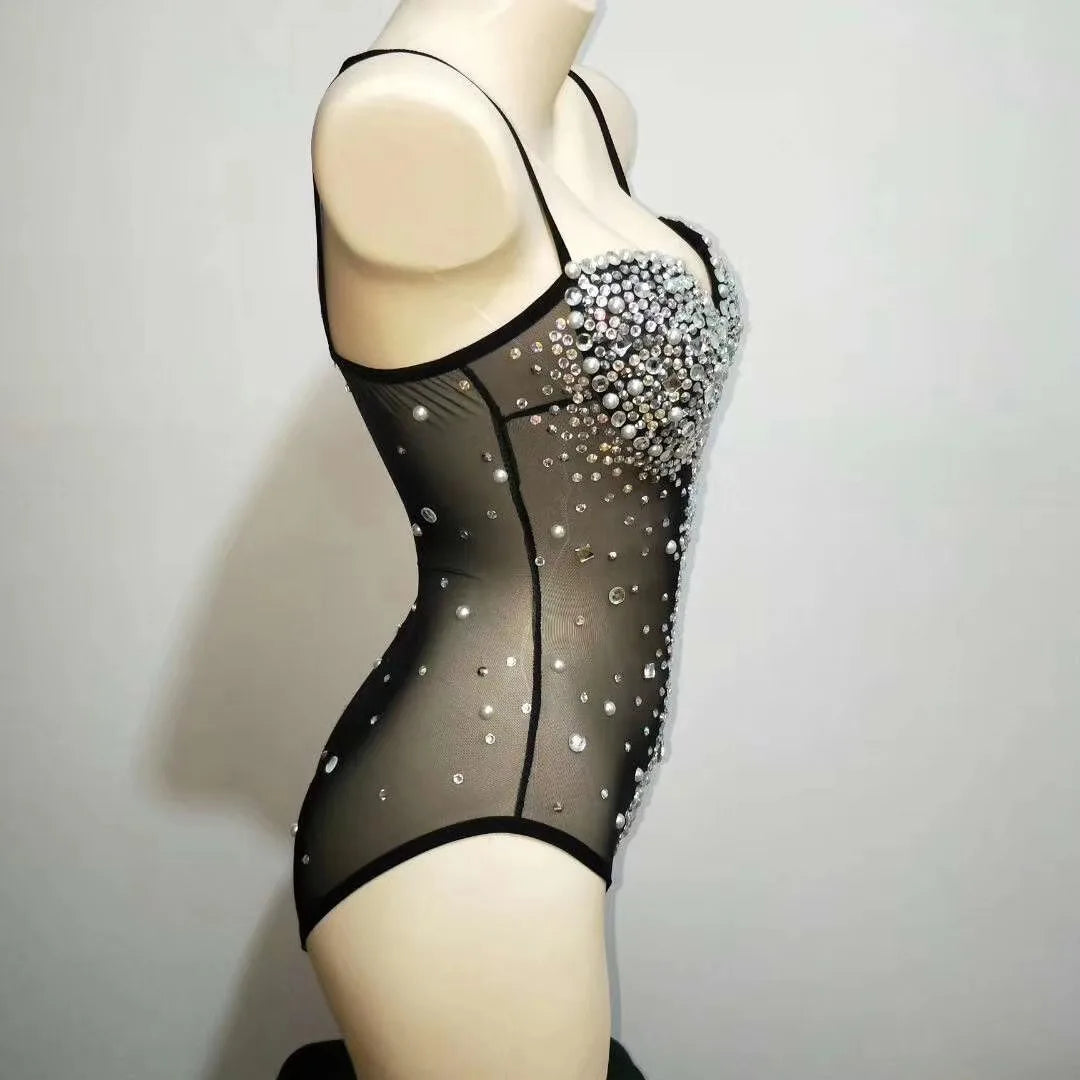 Women Sexy Pearl Strap Drag Queen Rhinestone Bodysuits Birthday Outfit Leotard Black Stage Wear 2025