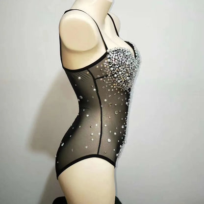Women Sexy Pearl Strap Drag Queen Rhinestone Bodysuits Birthday Outfit Leotard Black Stage Wear 2025