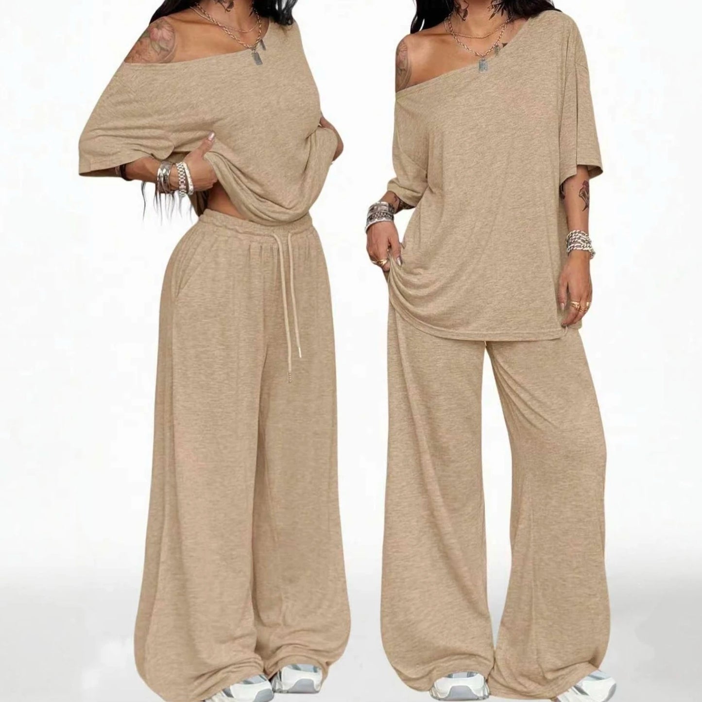Women's Casual Solid Color Sports Two-Piece Loose Fit Pants Set with Slanted Hem and Wide Leg Design for Spring and Autumn