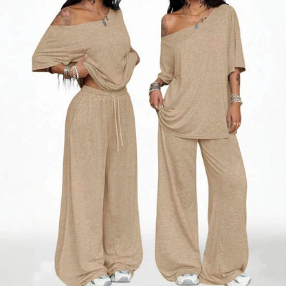 Women's Casual Solid Color Sports Two-Piece Loose Fit Pants Set with Slanted Hem and Wide Leg Design for Spring and Autumn