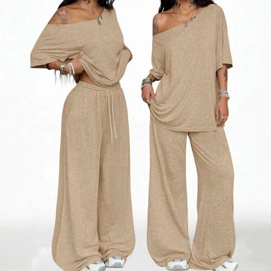 Women's Casual Solid Color Sports Two-Piece Loose Fit Pants Set with Slanted Hem and Wide Leg Design for Spring and Autumn
