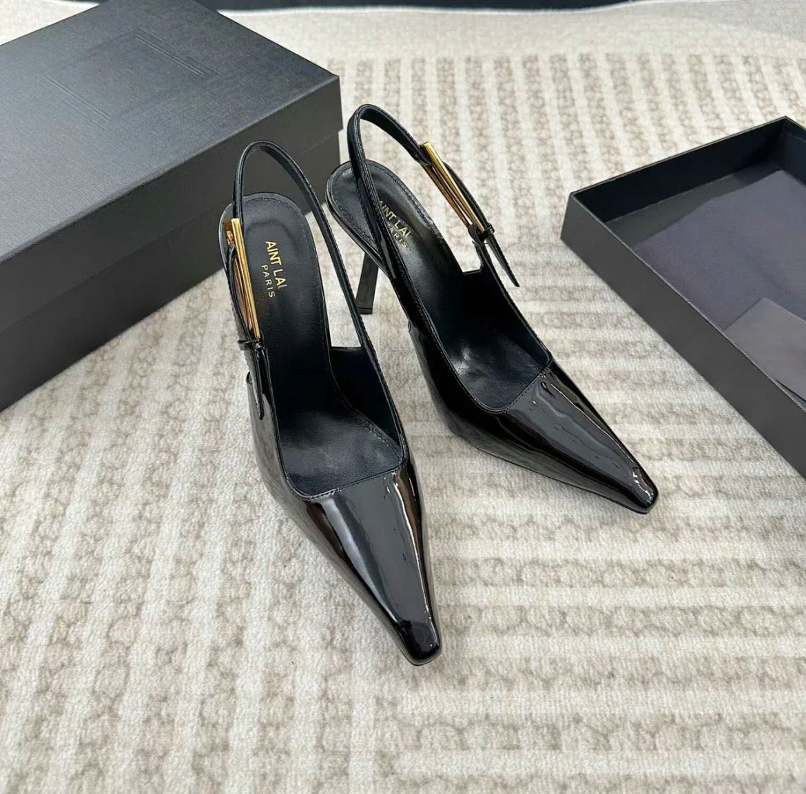 Black Pointed Toe High Heels Thin Heel Metal Cap Sandals Women's Shoes Elegant Painted Leather Sexy Fine Heel New 2025