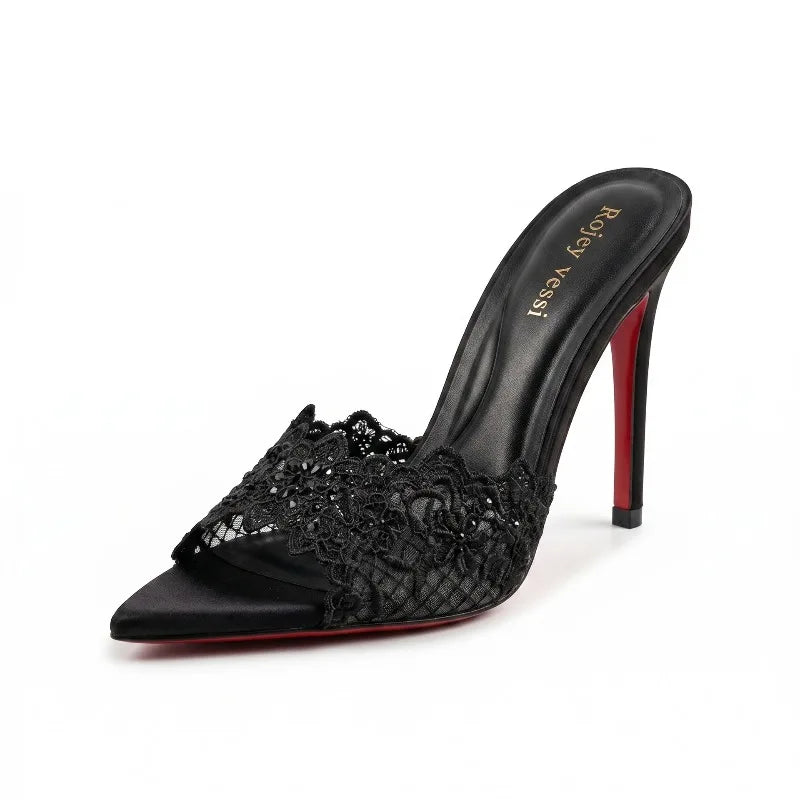High heeled sandals for women to wear outside, summer lace high heels for women, sexy black slim heeled one-piece slippers