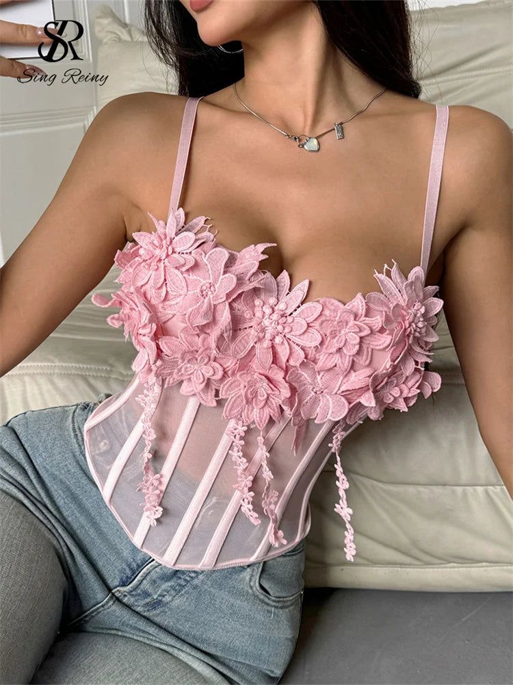 SINGREINY Sheer Gauze 3D Flowers Corset Women Pink Sexy Straps Slim Tops Fashion Streetwear Ladies Short French Chic Sweet Camis