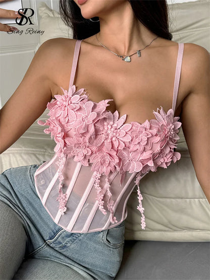 SINGREINY Sheer Gauze 3D Flowers Corset Women Pink Sexy Straps Slim Tops Fashion Streetwear Ladies Short French Chic Sweet Camis