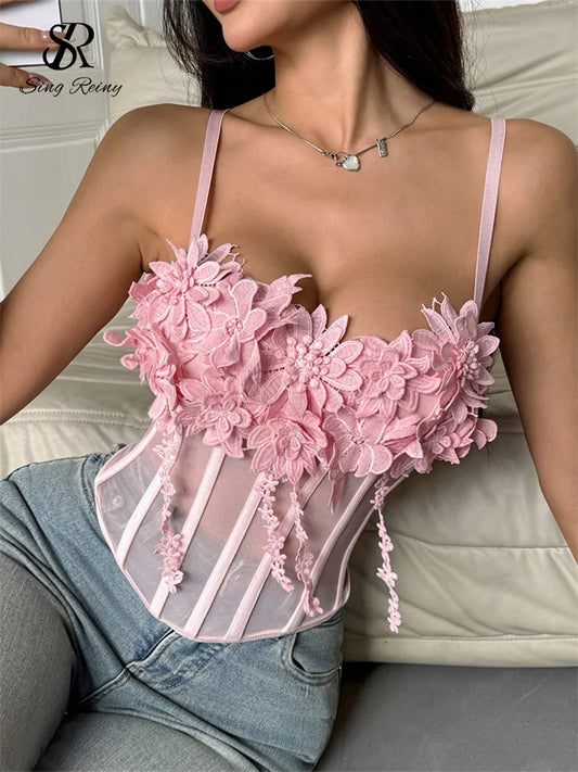 SINGREINY Sheer Gauze 3D Flowers Corset Women Pink Sexy Straps Slim Tops Fashion Streetwear Ladies Short French Chic Sweet Camis