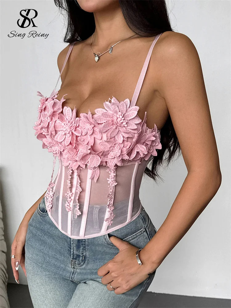 SINGREINY Sheer Gauze 3D Flowers Corset Women Pink Sexy Straps Slim Tops Fashion Streetwear Ladies Short French Chic Sweet Camis