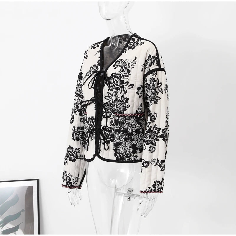 HH Floral Print Jacket For Women Autumn Quilted Reversible Cotton Coat Cardigan Long Sleeve Jackets Elegant Woman Streetwear