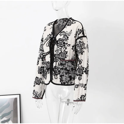 HH Floral Print Jacket For Women Autumn Quilted Reversible Cotton Coat Cardigan Long Sleeve Jackets Elegant Woman Streetwear