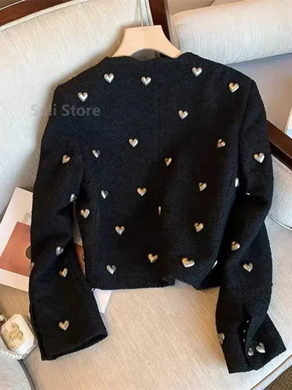 Autumn Winter Fashion Heart Buckle Black Wool Tweed Short Jacket Coat Women Vintage Long Sleeve V Neck Wave Cardigan Outwear Top