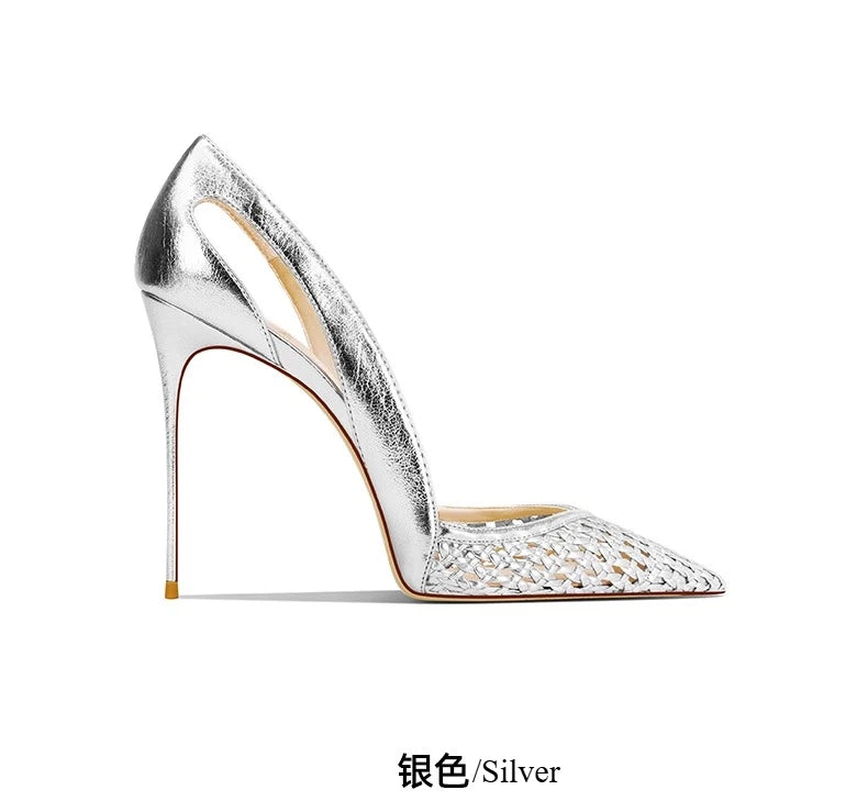 Summer New Women's Black Leather Woven Fashionable and Sexy Pointed Thin Heel High-heeled Shoes