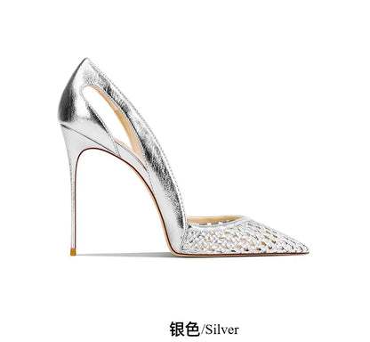 Summer New Women's Black Leather Woven Fashionable and Sexy Pointed Thin Heel High-heeled Shoes