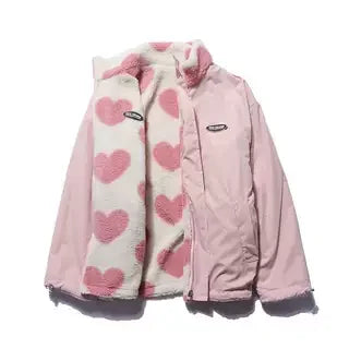 Double-Sided Wear Thickened Lamb Fur Heart Pattern Cotton Jacket Couple's Two-Way Wear Casual Warm Zipper Closure Long Sleeve...