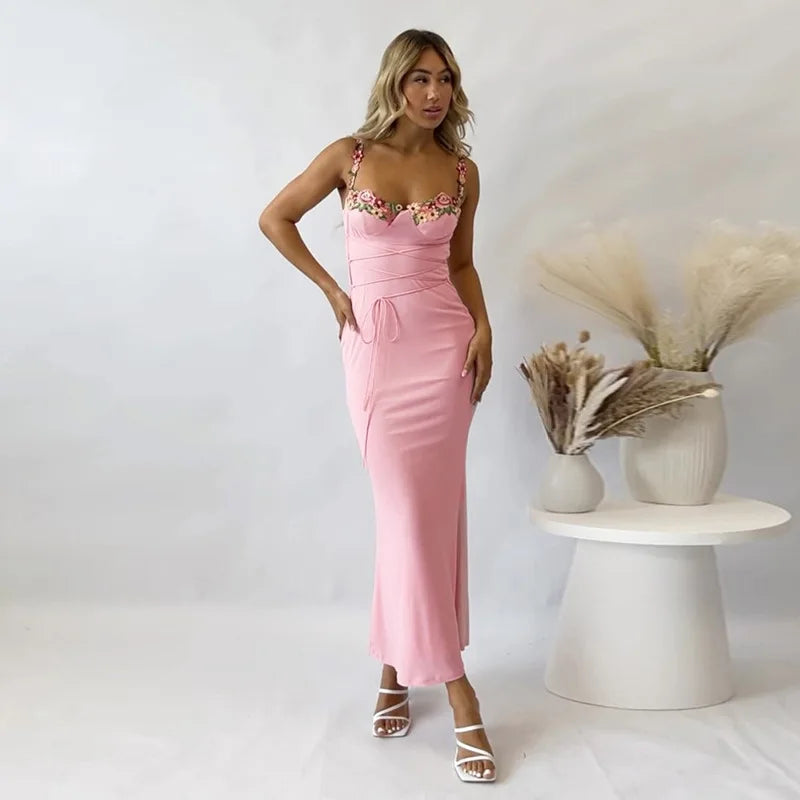 Y2K Sexy Sleeveless Backless Floral Women's Maxi Long Dress Lace-Up Bandage Bodycon Autumn Winter Party Club Dresses Outfit Gift
