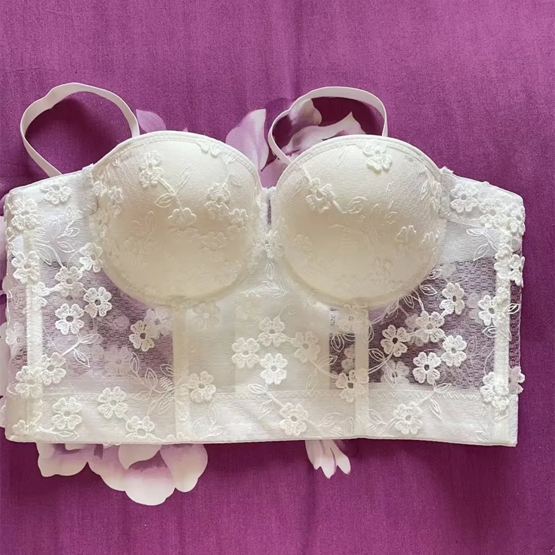 Women Crocheted 3D Lace Corset Stylish Floral Embroidery Bustier Push Up Bra Lady Tank Top Elegant Cropped Top Club Party Bralet