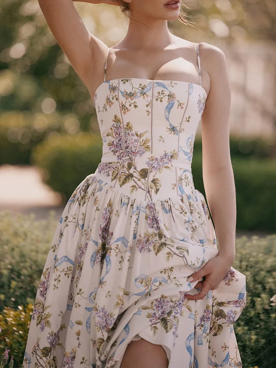 Oligai Floral Print Midi Sundress Elegant Spaghetti Strap Flowy Dress Aussie Summer Women Boho Chic Beach Dress
