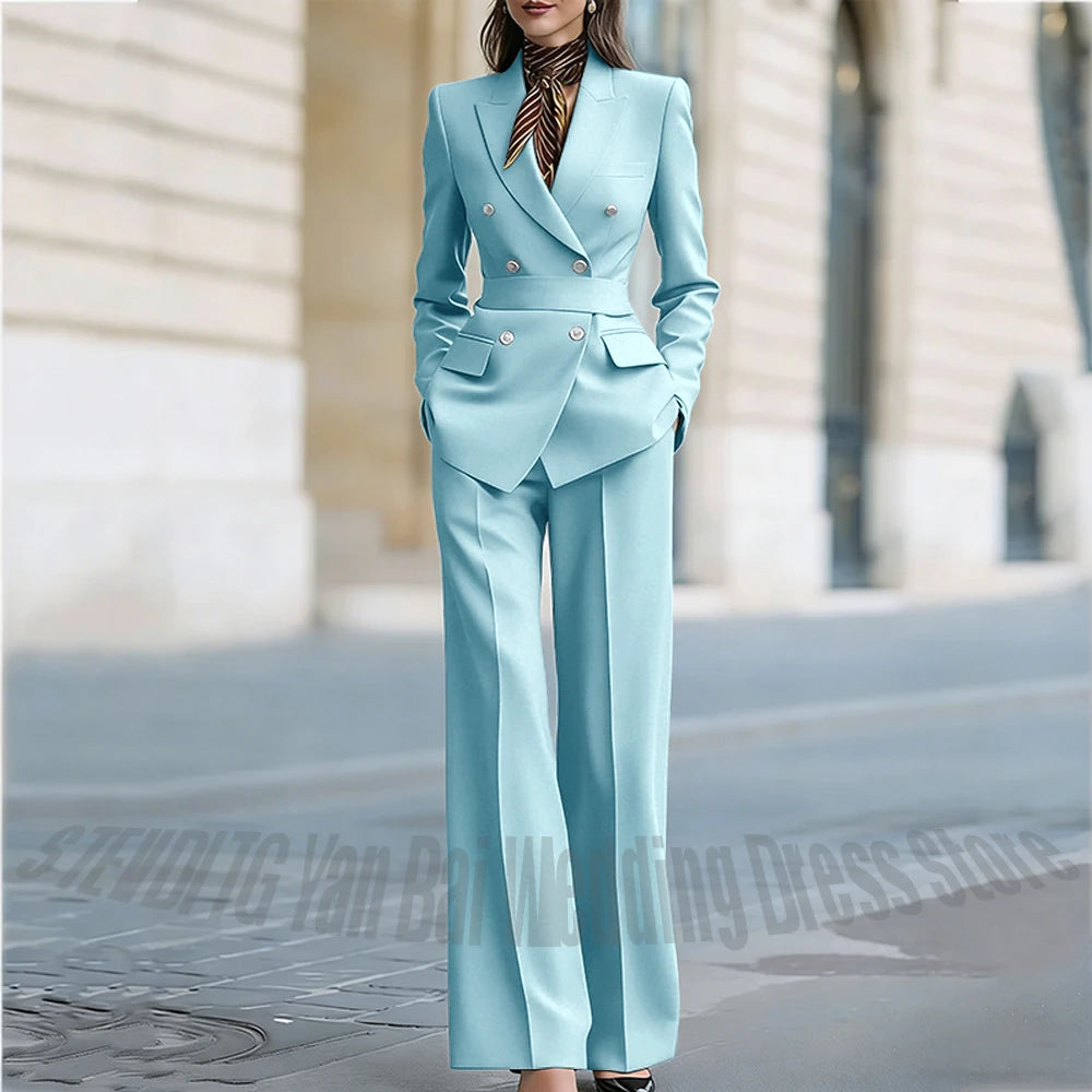 Customized Straight Women's Suits Two Pieces Classic Double Breasted Solid Color High Street Business Casual Office Suit Set