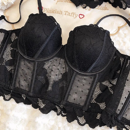 French Ladies Transparent Mesh Corset Sexy Shaper Thin Bra Set Night Club Sweet Cropped Top Girls Hot Bra and Panties Bralette