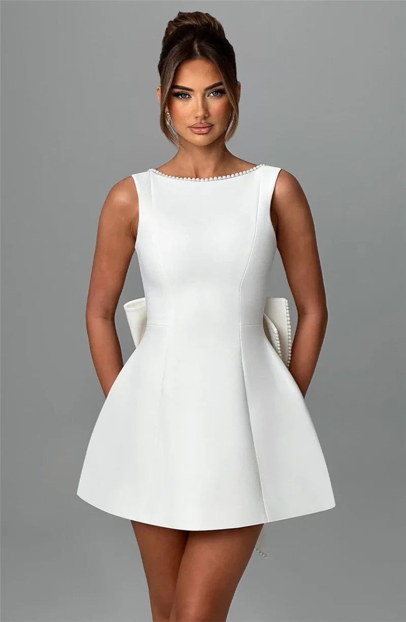 Mozision Pearl Bow Backless Sexy Mini Dress For Women Robe Fashion Zipper Sleeveless High Waist A-line Club Party Dress Elegant