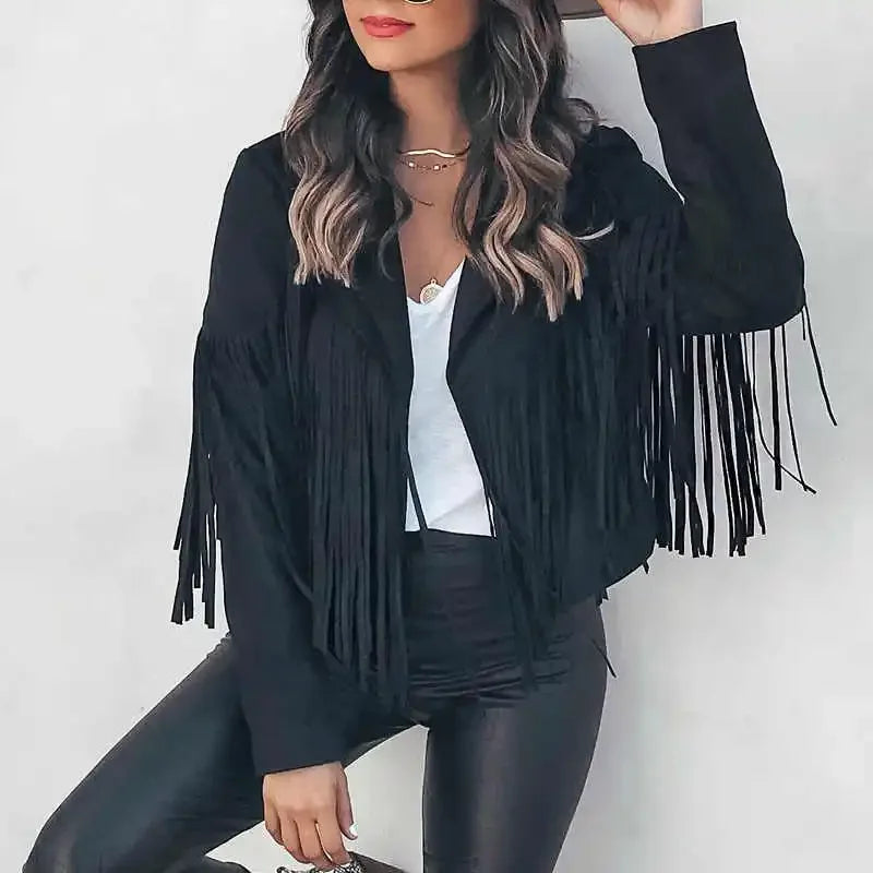 Women's Casual Fringe Cropped Jacket Western Boho Vintage Long Sleeve Zip Up Trendy Autumn Outerwear
