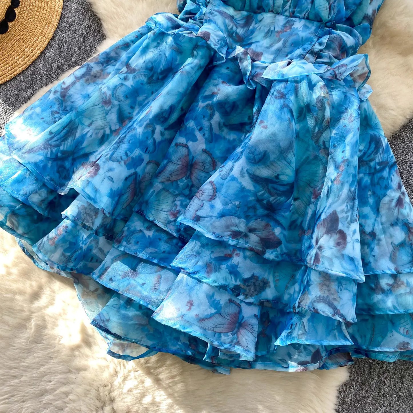 SINGREINY Holiday Print Flowy Birthday Dress Women Strap Butterfly Vacation Cake Sundress Organza Luxury Party Short Dress