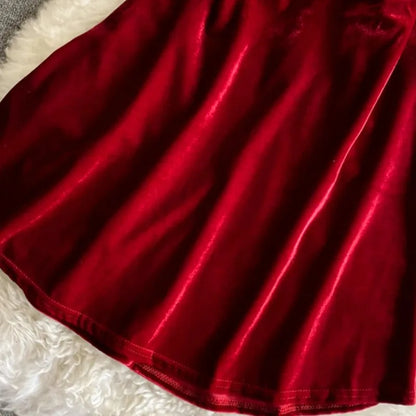 Summer Strap Dress Women Red Velvet A-line Mini Evening Dress Vintage Off Shoulder Luxury Y2K One Piece Frocks Clothes 2025 New