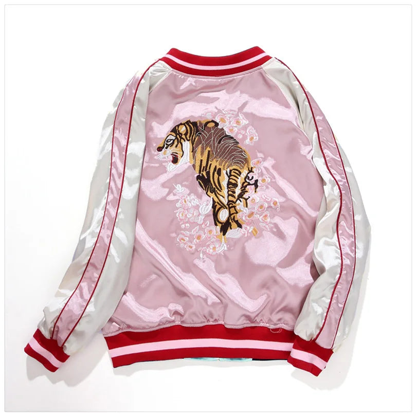 Double Sided Satin Baseball Jacket Women Sukajan Bomber Jacket Female Girls Embroidery Coat 2026 Spring Autumn Pink Z1