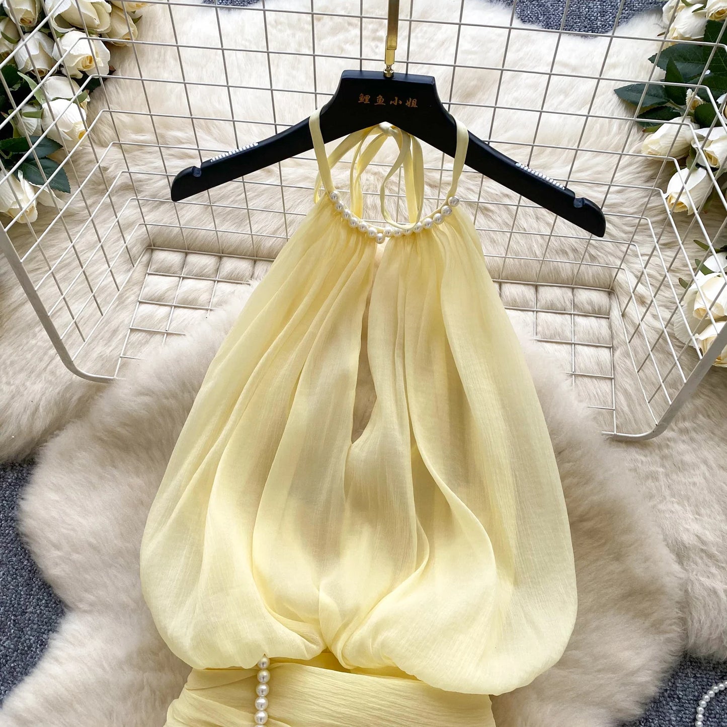 SINGREINY Strap Chiffon Mini Dress Female Pearl Halter Sleeveless Backless Sexy Design Fairycore Vacation Summer Ruffles Dress