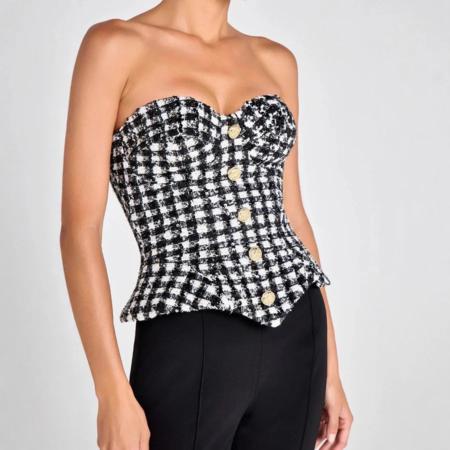Vintage Plaid Tube Top Vest Women Fashion Sexy Hot Girl Buttons Irregular Slim Sleeveless Cropped Top Party Streetwear Female