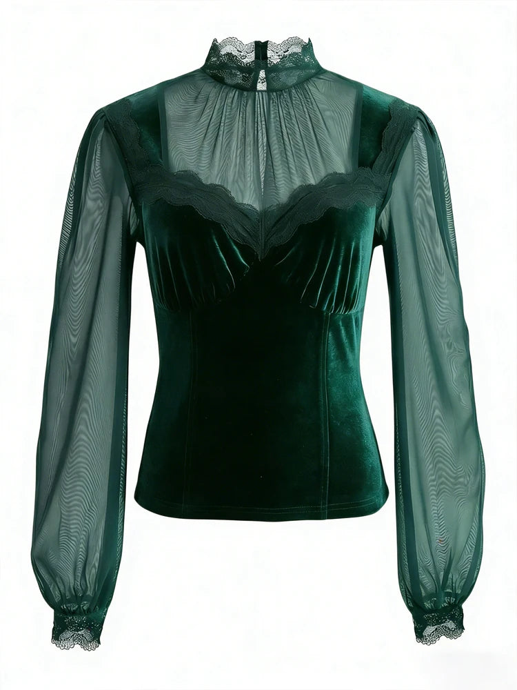 Women's Spring/Fall 2026 New Arrival Elegant Lace-Panel Cutout Bell-Sleeve Tie-Waist Top Everyday Lace-Panel Design