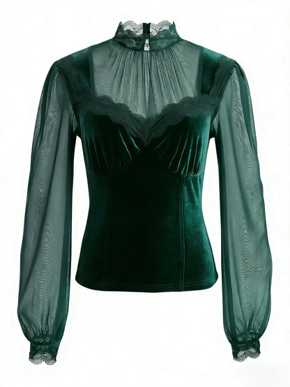 Women's Spring/Fall 2026 New Arrival Elegant Lace-Panel Cutout Bell-Sleeve Tie-Waist Top Everyday Lace-Panel Design