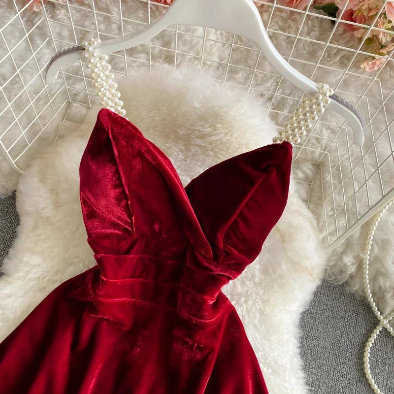 Summer Strap Dress Women Red Velvet A-line Mini Evening Dress Vintage Off Shoulder Luxury Y2K One Piece Frocks Clothes 2025 New