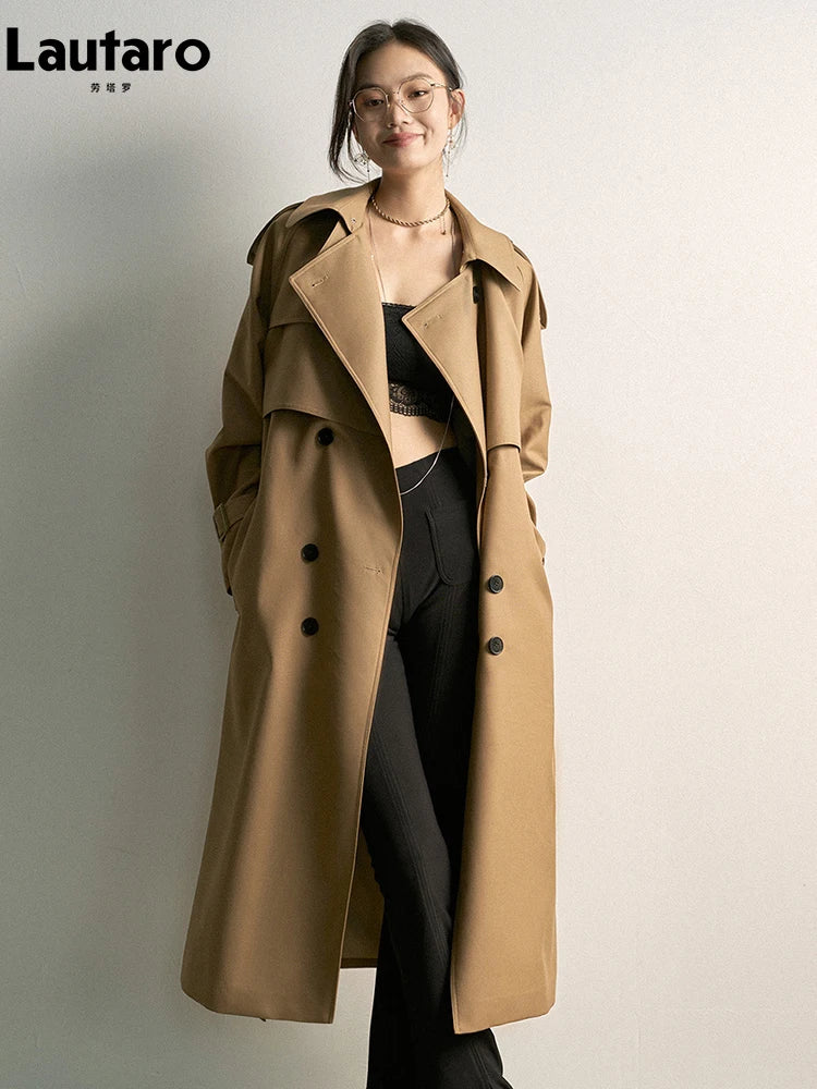 Lautaro Spring Autumn Khaki Long Trench Coat for Women Double Breasted Elegant Luxury Chic British Style Fashion Overcoat 2026